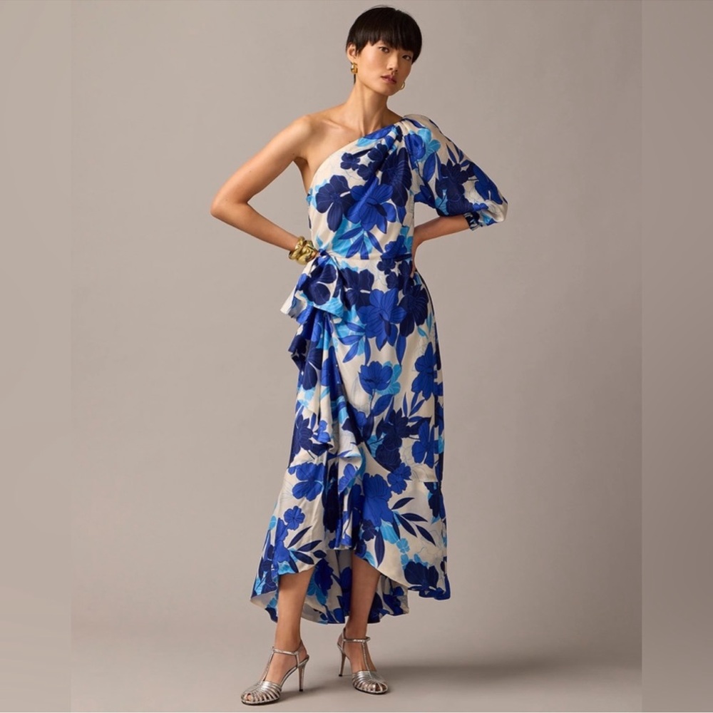 COLLECTION ONE-SHOULDER RUFFLE-HEM DRESS IN PAINTED FLORAL PRINT